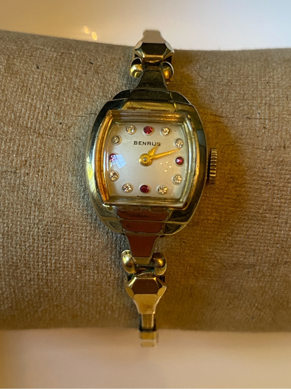 Benrus 1940s Vintage 10K RGP Bracelet Cocktail Watch with Red jeweled Markers